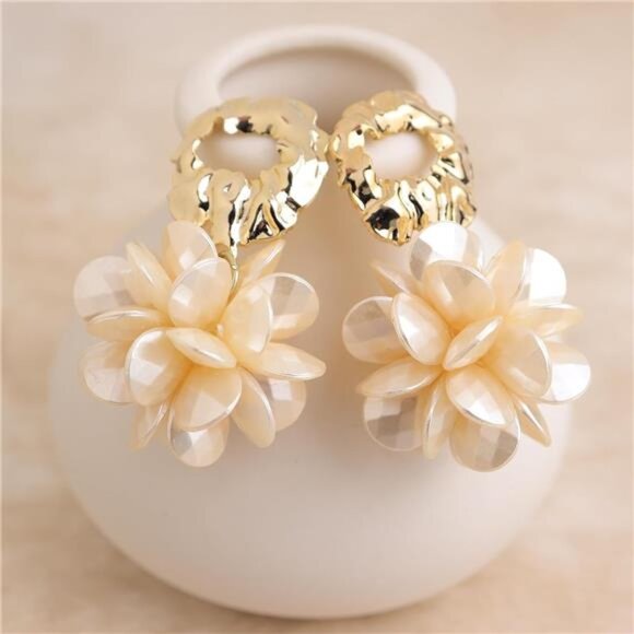 Big Gold Flower Dangle Earrings | 14K Gold Plated Geometric Petal Cluster Drops - Picture 1 of 6